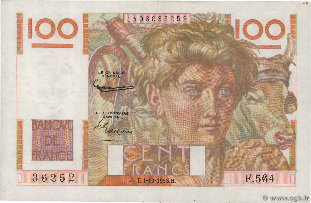 100 Francs JEUNE PAYSAN FRANCE  1953 F.28.39 SUP