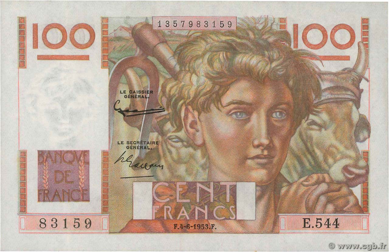 100 Francs JEUNE PAYSAN FRANCIA  1953 F.28.37 AU+
