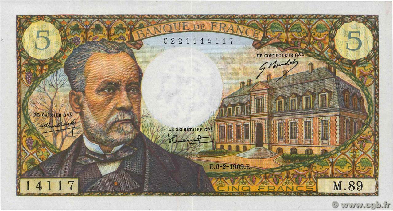 5 Francs PASTEUR FRANCIA  1969 F.61.09 EBC