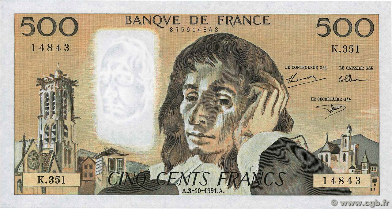 500 Francs PASCAL FRANCE  1991 F.71.48 UNC-