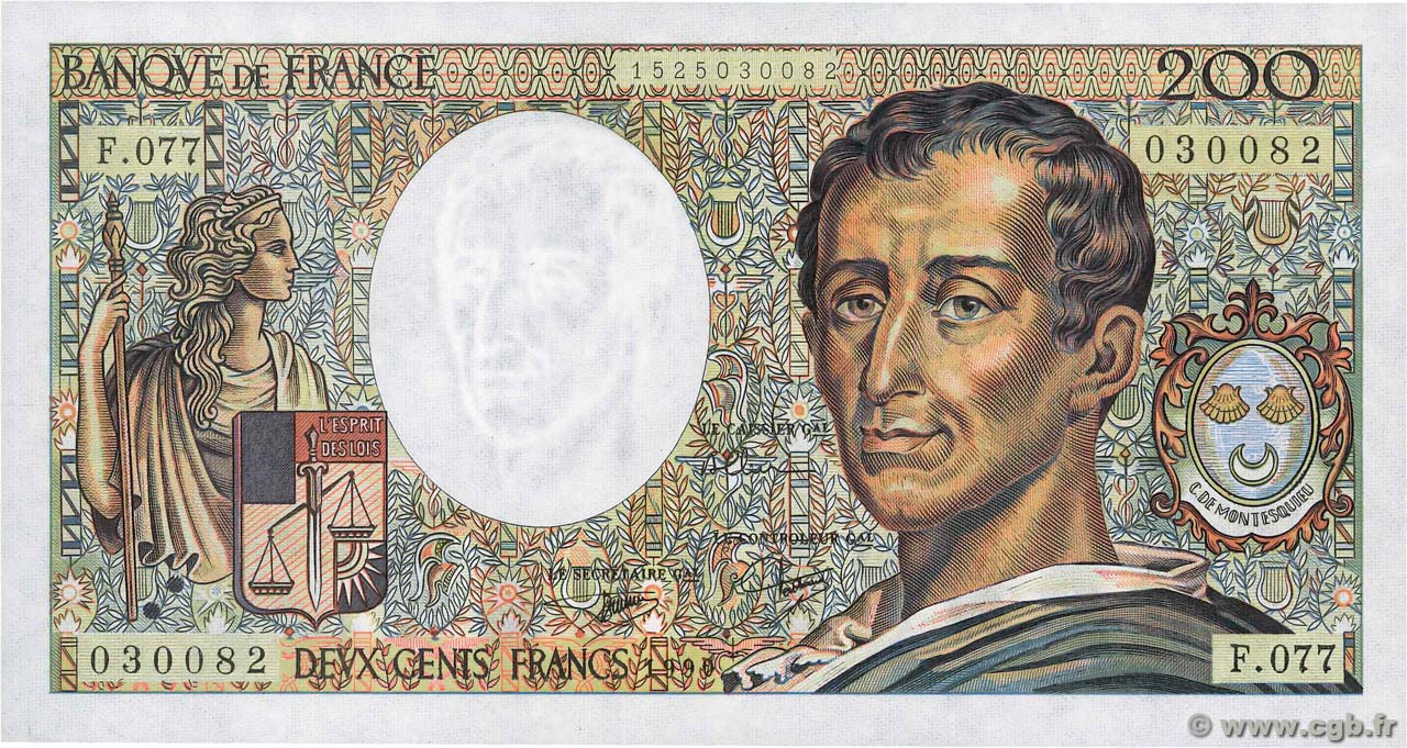 200 Francs MONTESQUIEU FRANCE  1990 F.70.10a XF+