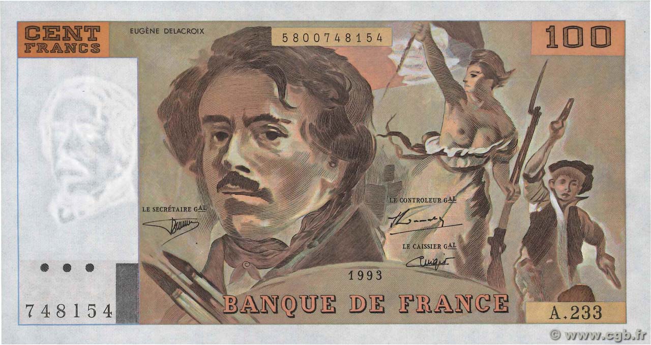 100 Francs DELACROIX imprimé en continu FRANCIA  1993 F.69bis.08 AU+