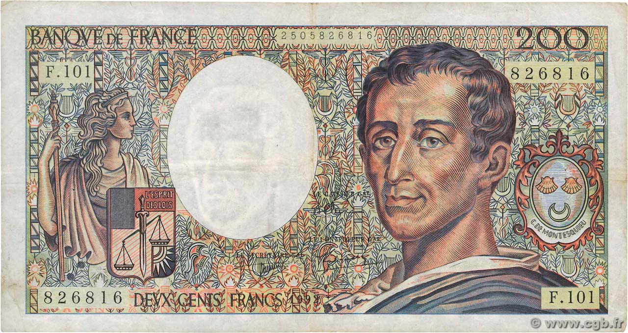 200 Francs MONTESQUIEU alphabet 101 FRANCE  1992 F.70bis.01 TB