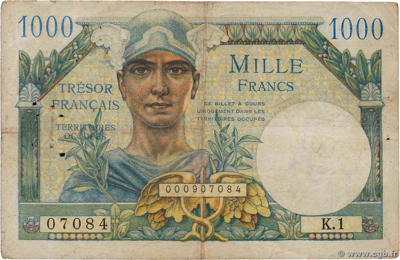 1000 Francs TRÉSOR FRANÇAIS FRANCIA  1947 VF.33.01 MB