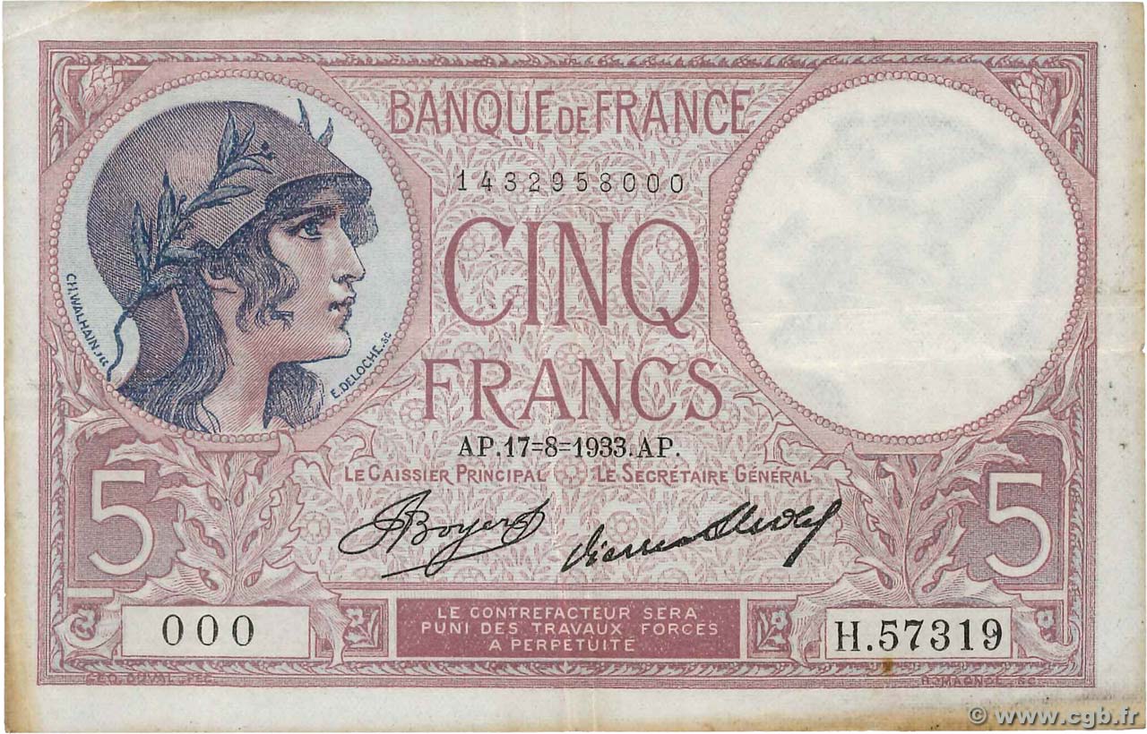 5 Francs FEMME CASQUÉE Numéro spécial FRANCE  1933 F.03.17 VF-