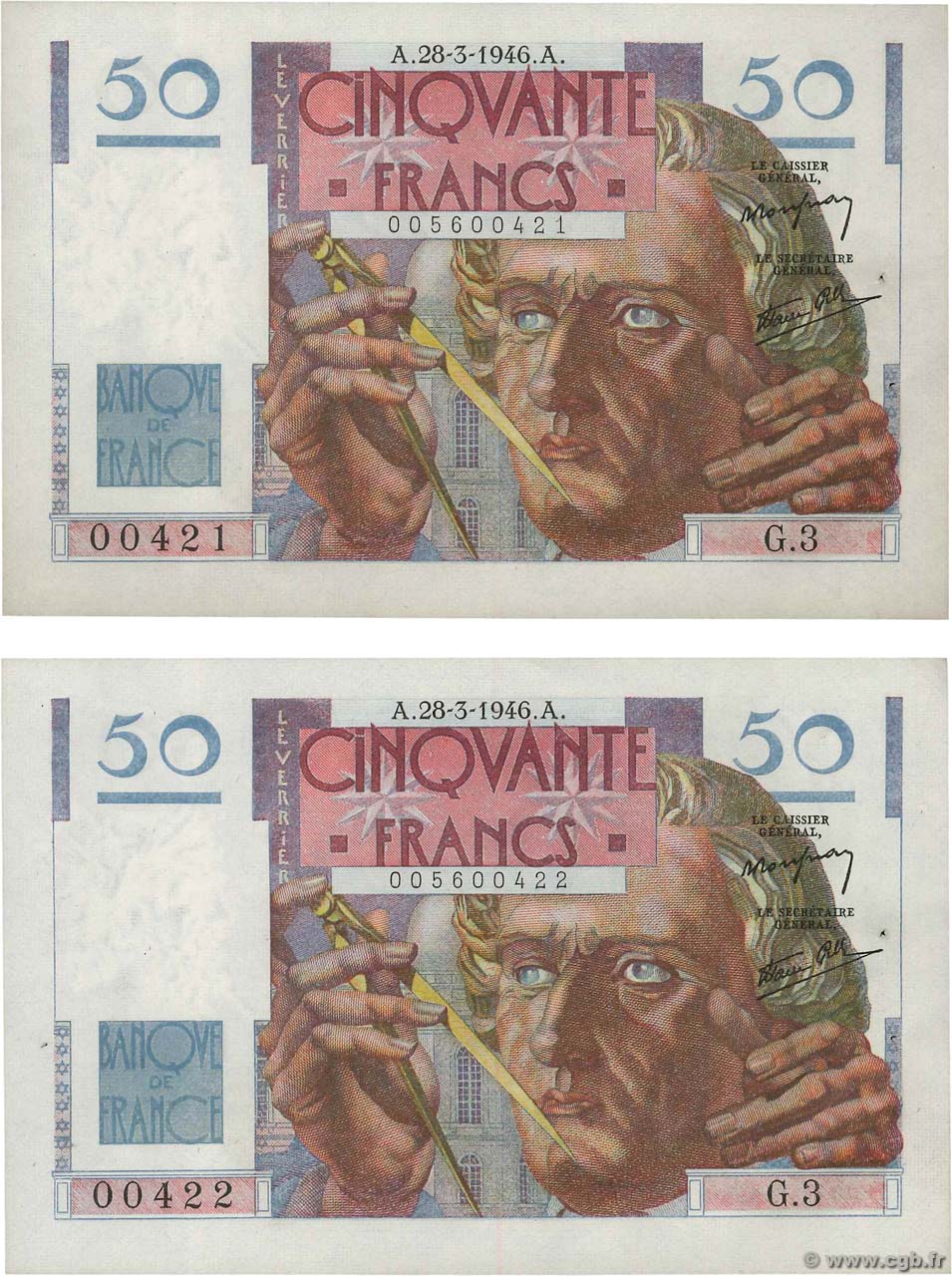50 Francs LE VERRIER Consécutifs FRANCIA  1946 F.20.02 EBC+
