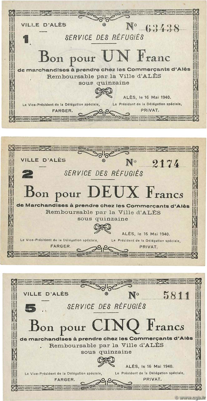1, 2 et 5 Francs Lot FRANCE regionalismo y varios Alès 1940 BU.01.02, BU.02.01 et BU.03.02 MBC
