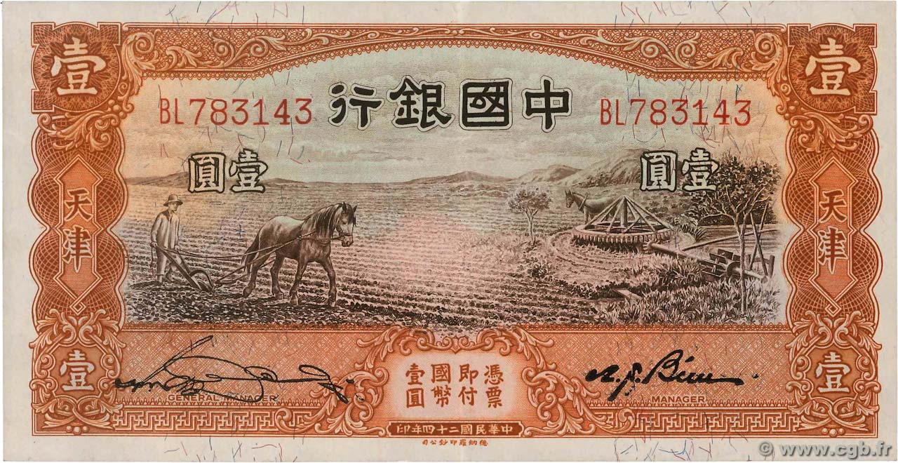 1 Yüan CHINA Tientsin 1935 P.0076 VZ