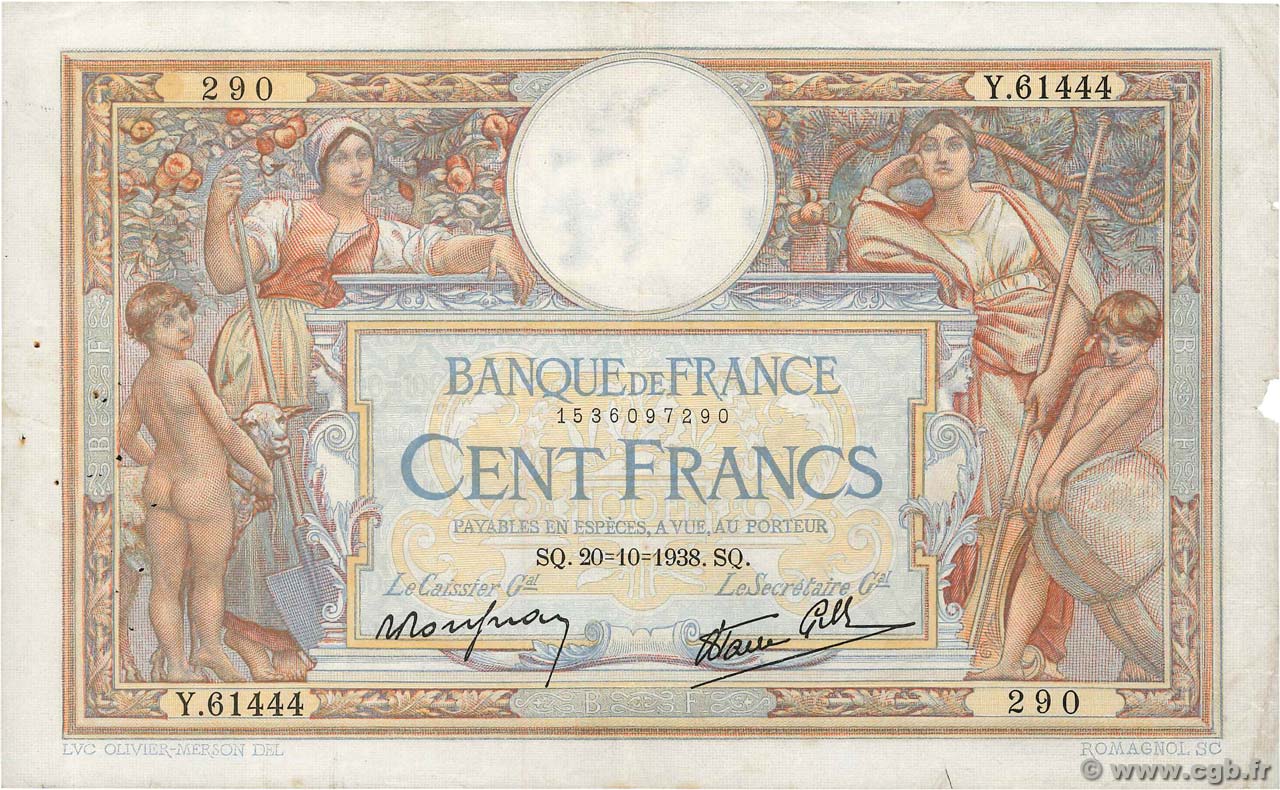 100 Francs LUC OLIVIER MERSON type modifié FRANCIA  1938 F.25.26 MB