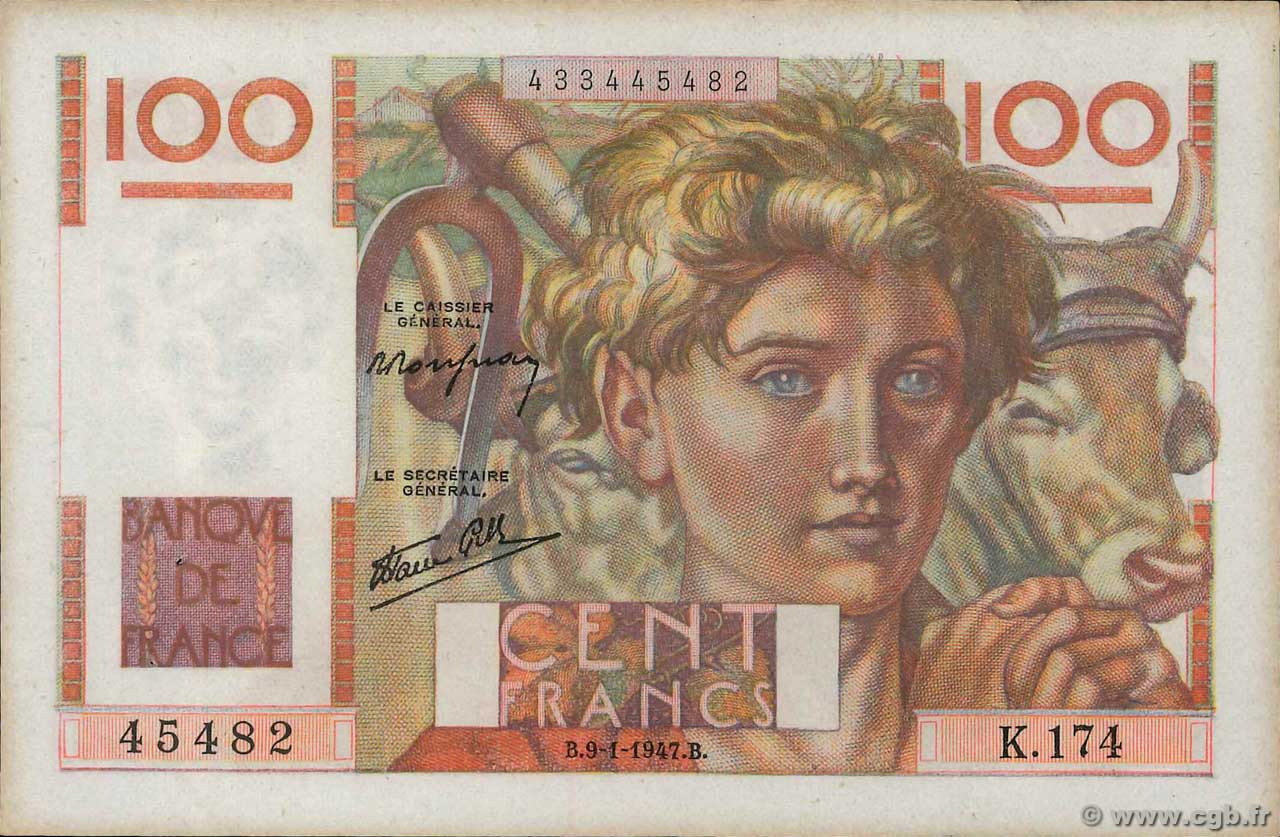 100 Francs JEUNE PAYSAN FRANCIA  1947 F.28.13 MBC