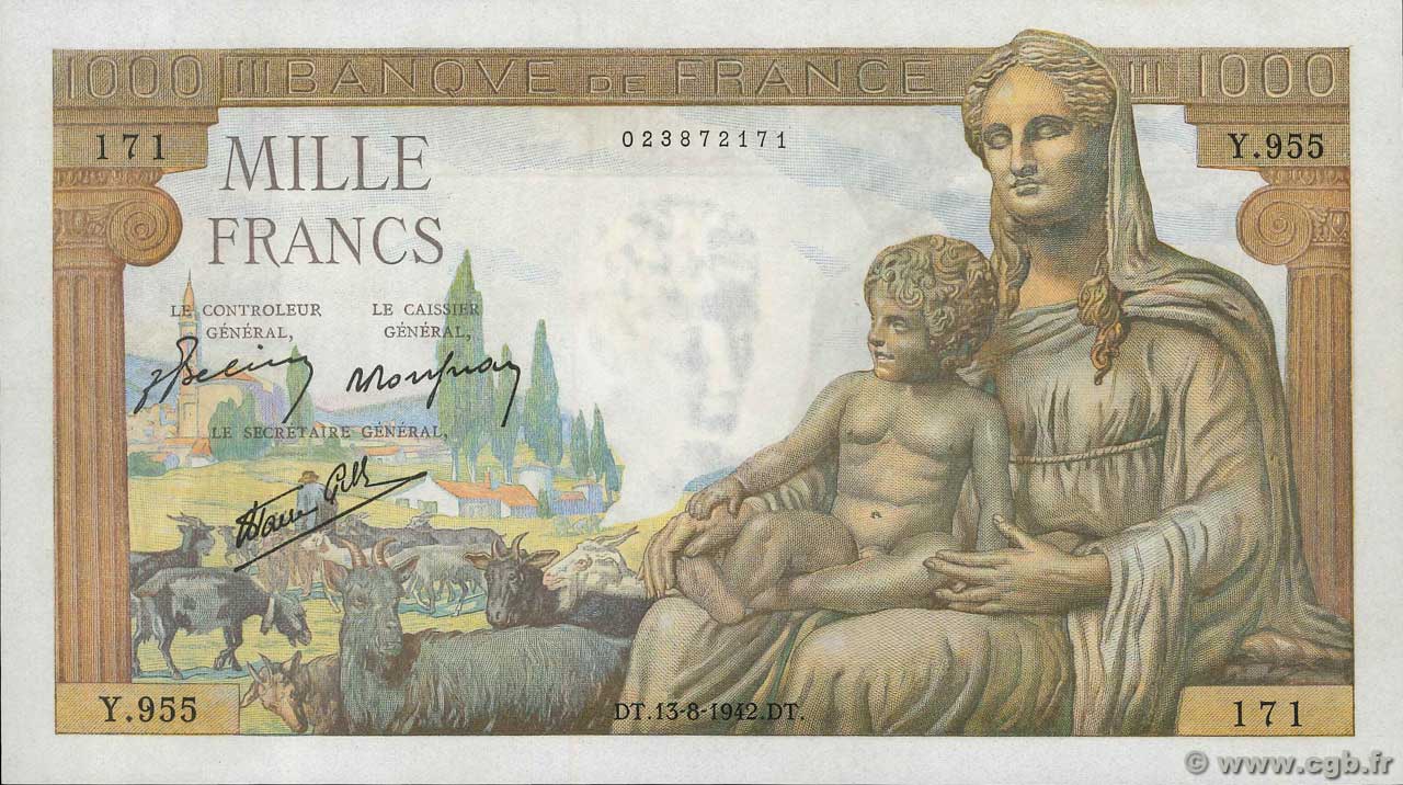 1000 Francs DÉESSE DÉMÉTER FRANCIA  1942 F.40.04 SC+