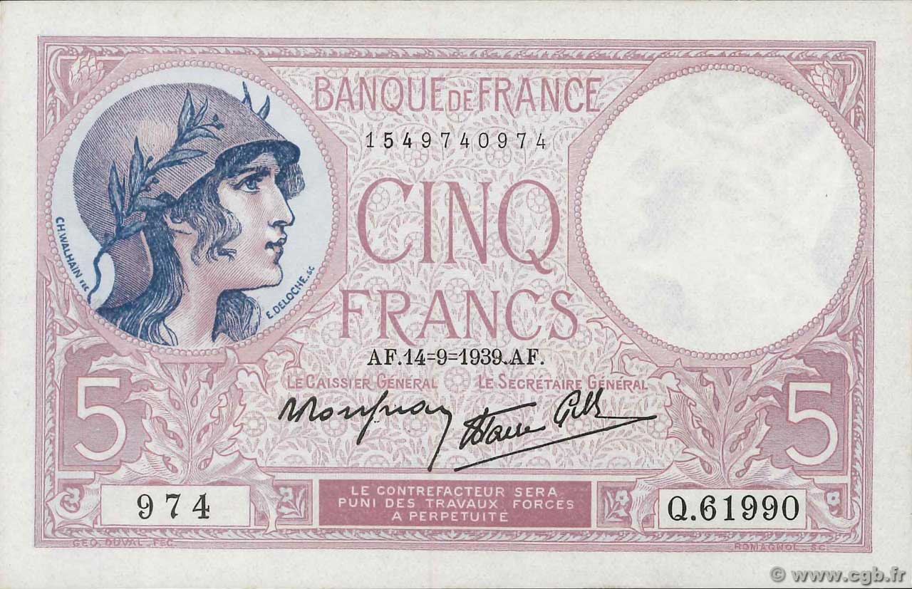 5 Francs FEMME CASQUÉE modifié FRANCIA  1939 F.04.08 SC+