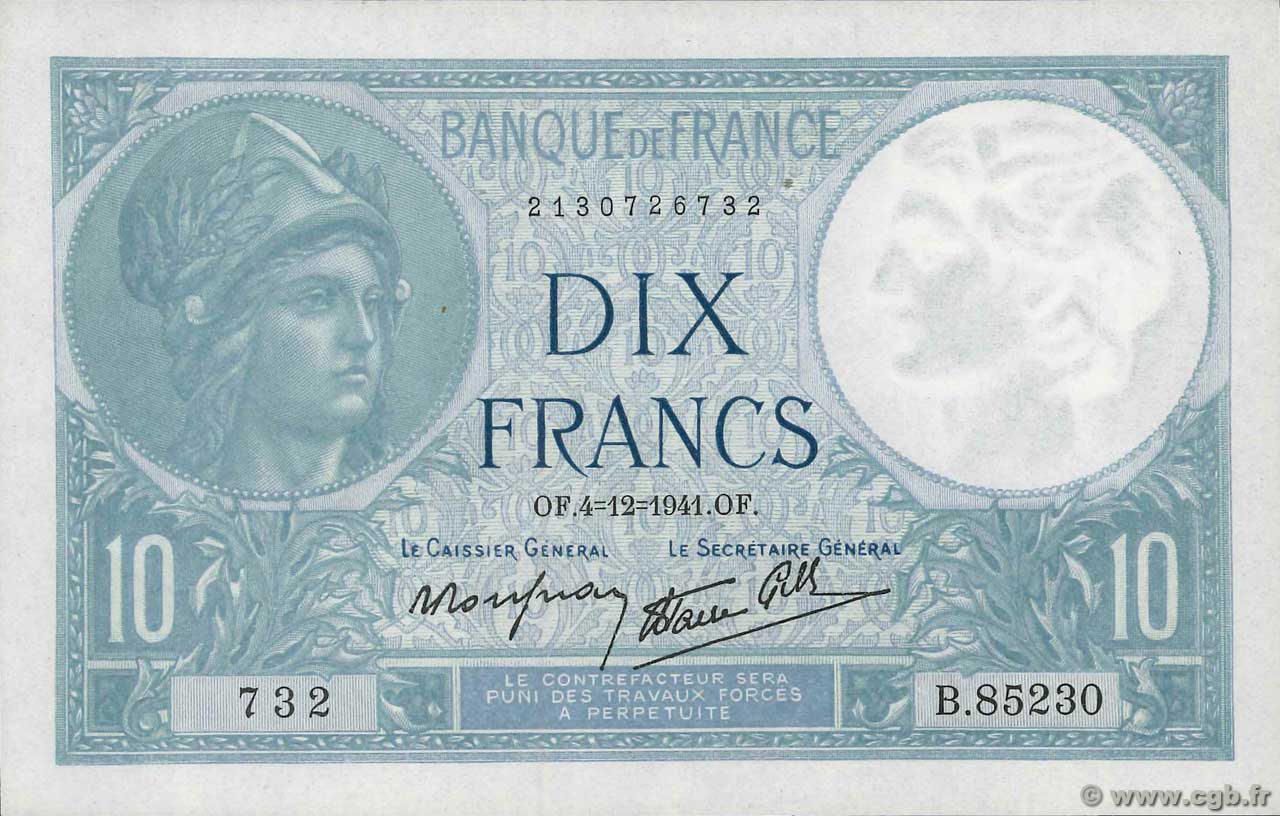 10 Francs MINERVE modifié FRANCIA  1941 F.07.30 SC+