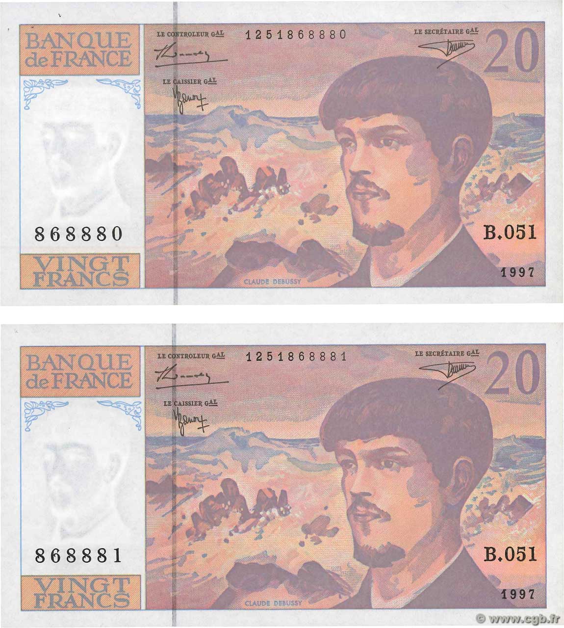 20 Francs DEBUSSY Modifié Consécutifs FRANCIA  1997 F.66ter.02 FDC