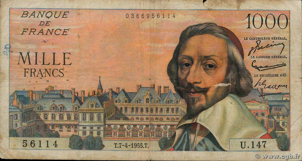 1000 Francs RICHELIEU FRANCIA  1955 F.42.12 RC