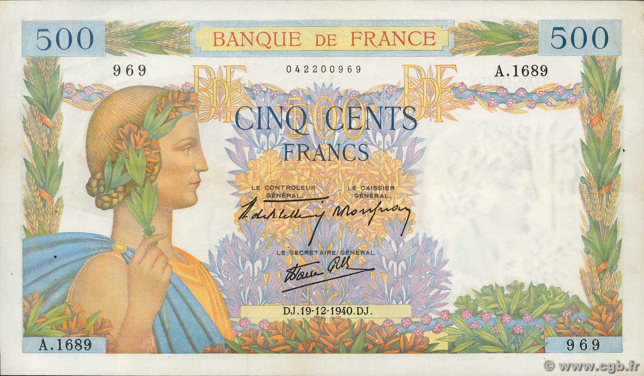 500 Francs LA PAIX FRANCIA  1940 F.32.11 MBC+