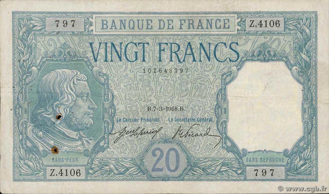 20 Francs BAYARD FRANCIA  1918 F.11.03 BC+