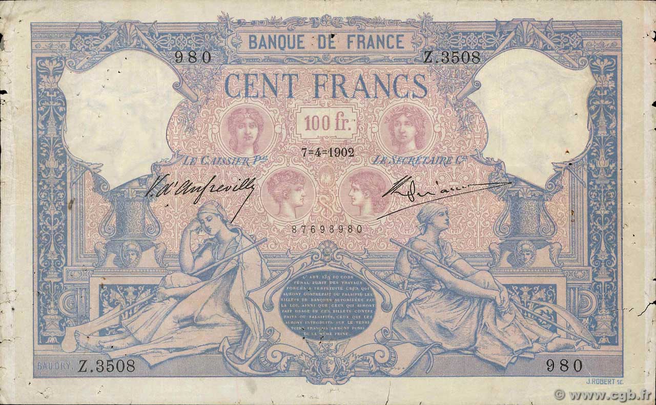 100 Francs BLEU ET ROSE FRANCIA  1902 F.21.16 RC+