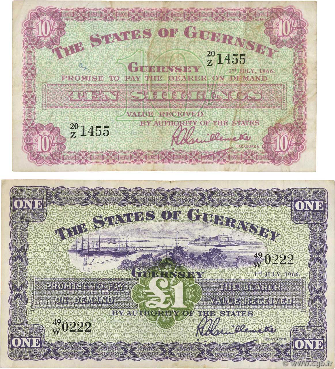 10 Shillings et 1 Pound Lot GUERNSEY  1966 P.42c et P.43c BC