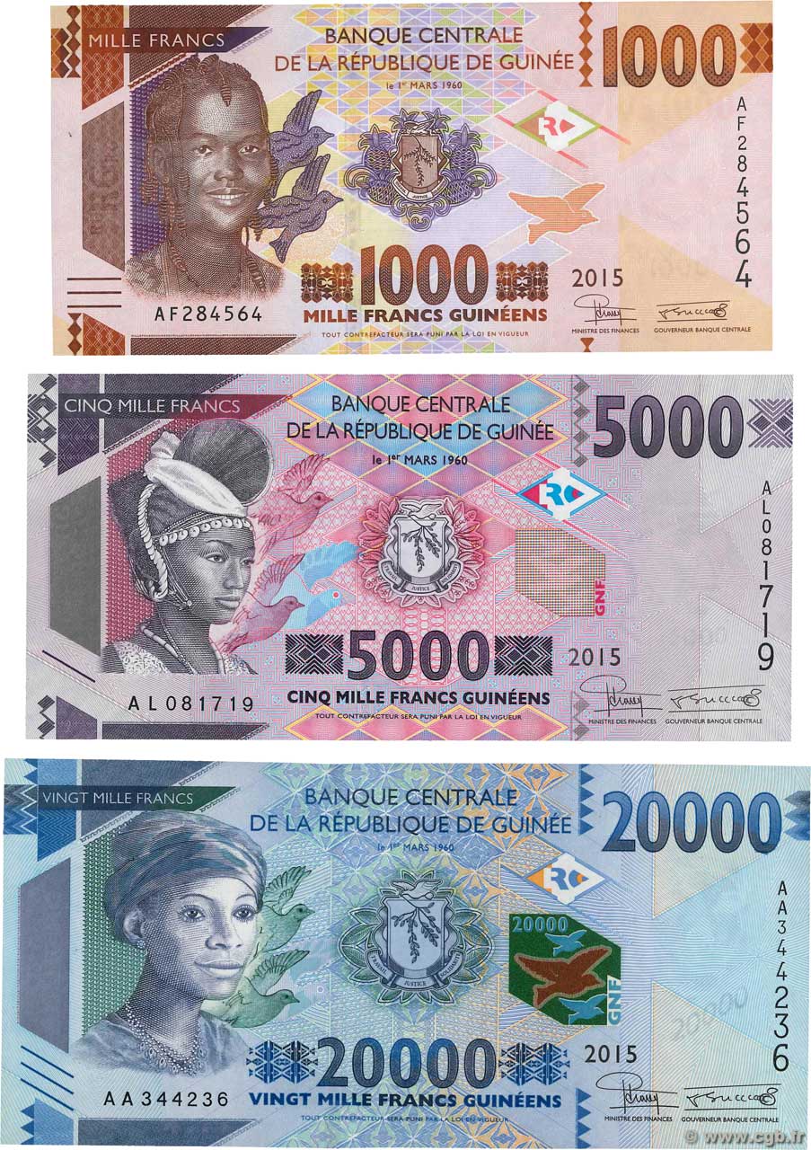 1000, 5000 et 20000 Francs  Lot GUINÉE  2015 P.48a, P.49 et P.50 NEUF