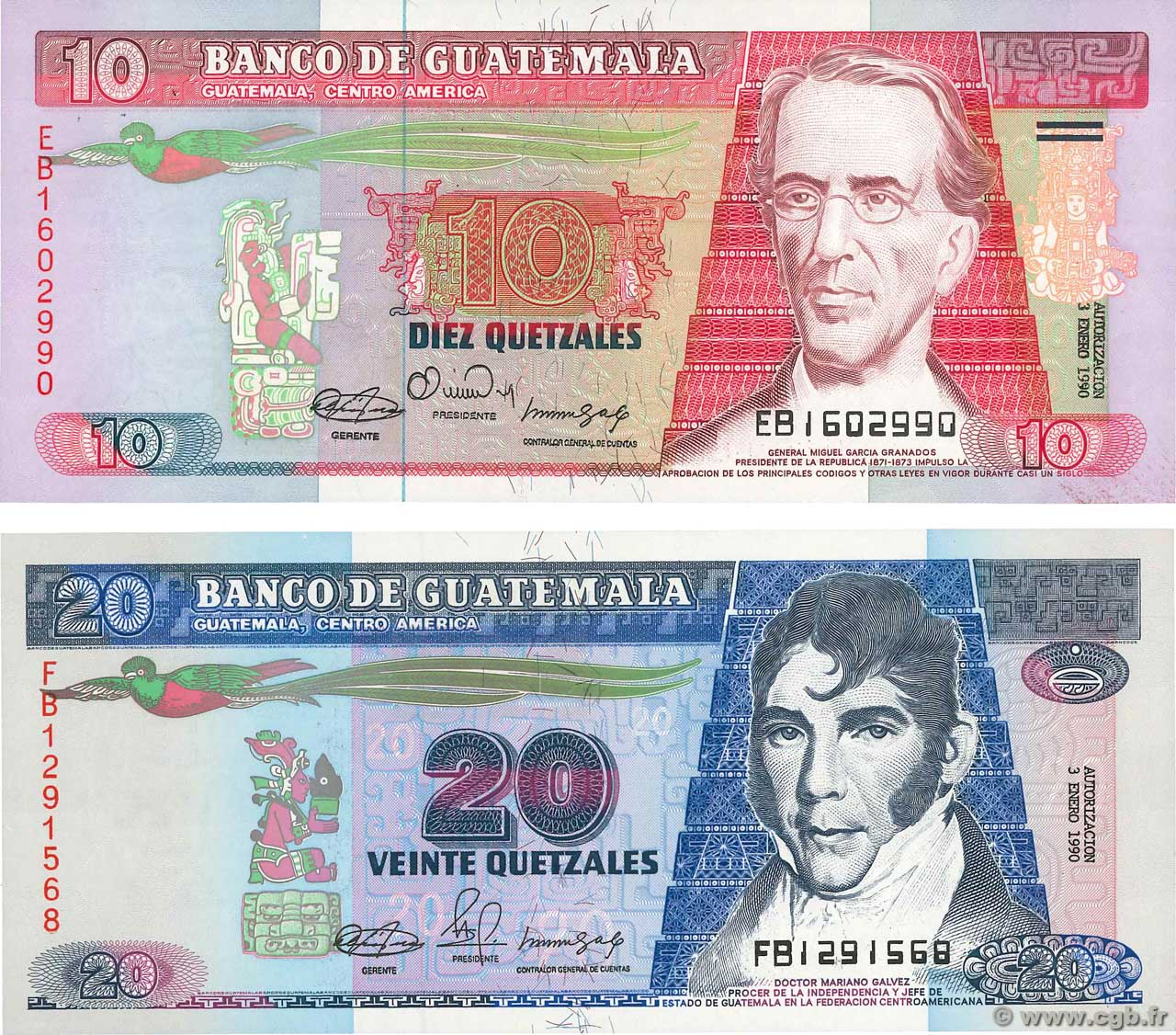 10 et 20 Quetzales Lot GUATEMALA  1990 P.075b et P.076b FDC