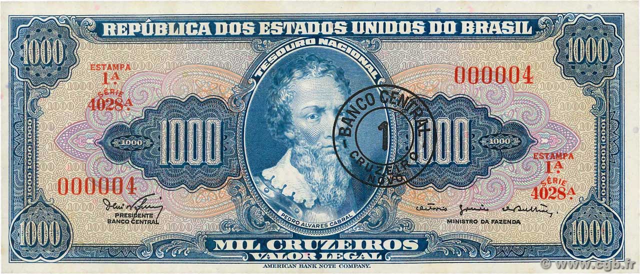 1 Cruzeiro Novo sur 1000 Cruzeiros Petit numéro BRASIL  1966 P.187b SC+