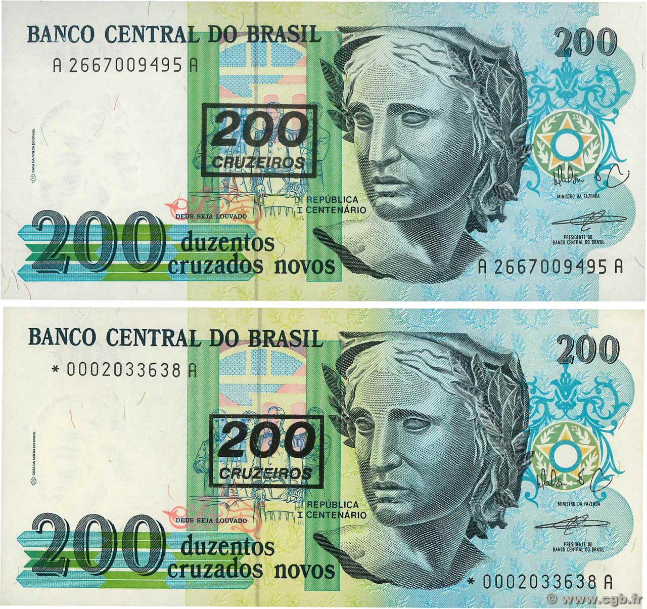 200 Cruzeiros sur 200 Cruzados Novos Remplacement BRASILIEN  1990 P.225 et P.225r ST