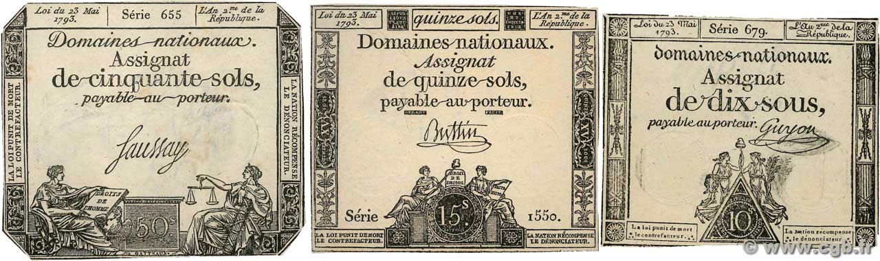 Lot 3 assignats : La Révolution Française 1792-1795 Lot FRANCE  1793 Ass.40b- 41b- 42c XF - AU