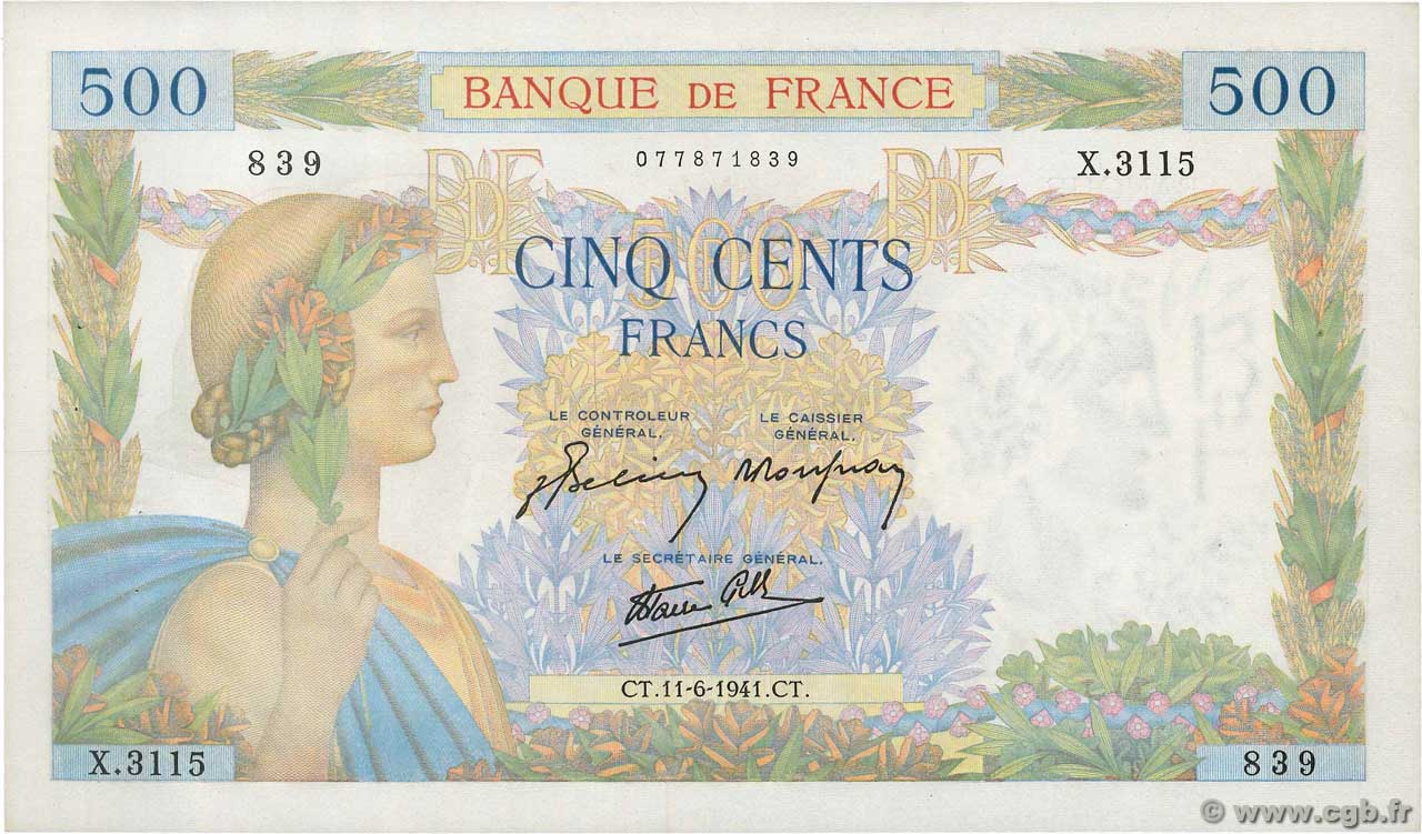 500 Francs LA PAIX FRANKREICH  1941 F.32.18 VZ+