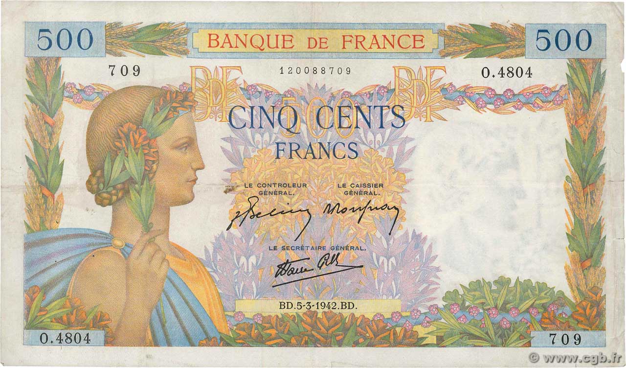 500 Francs LA PAIX FRANCE  1942 F.32.28 VF