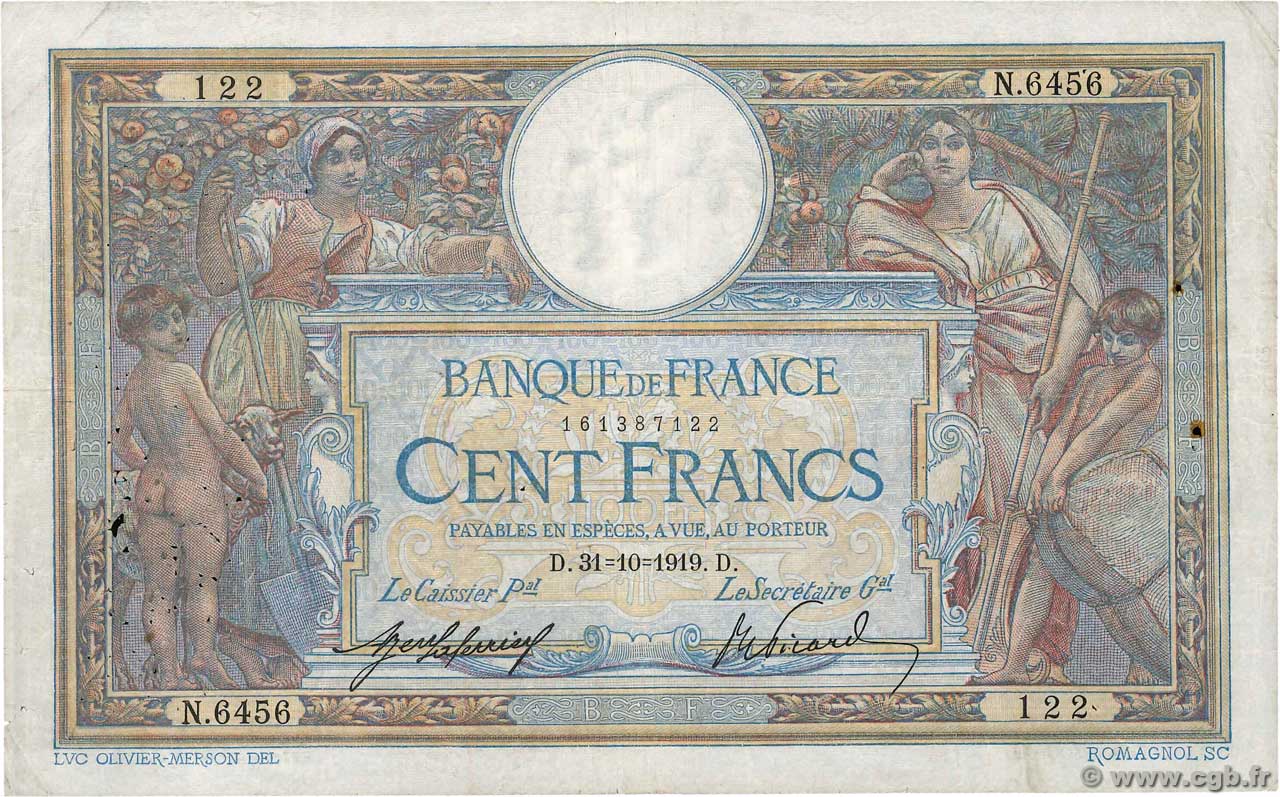 100 Francs LUC OLIVIER MERSON sans LOM FRANCE  1919 F.23.11 pr.TB