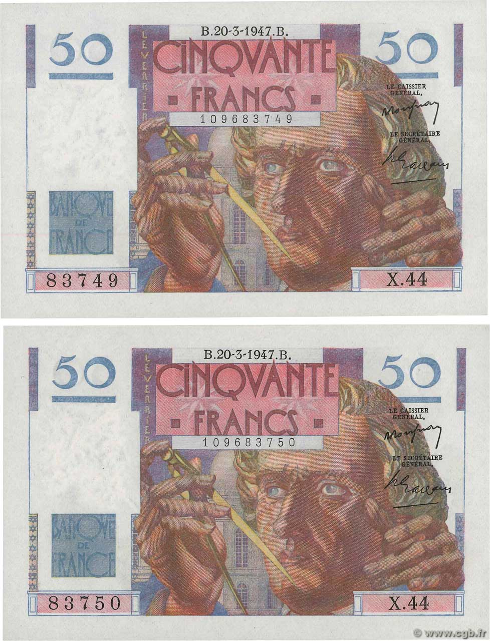 50 Francs LE VERRIER Consécutifs FRANCE  1947 F.20.07 pr.NEUF