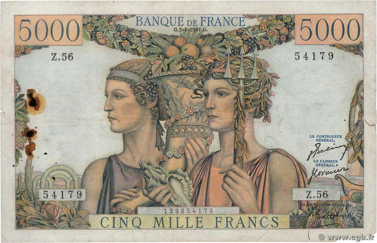 5000 Francs TERRE ET MER FRANCIA  1951 F.48.04 RC+