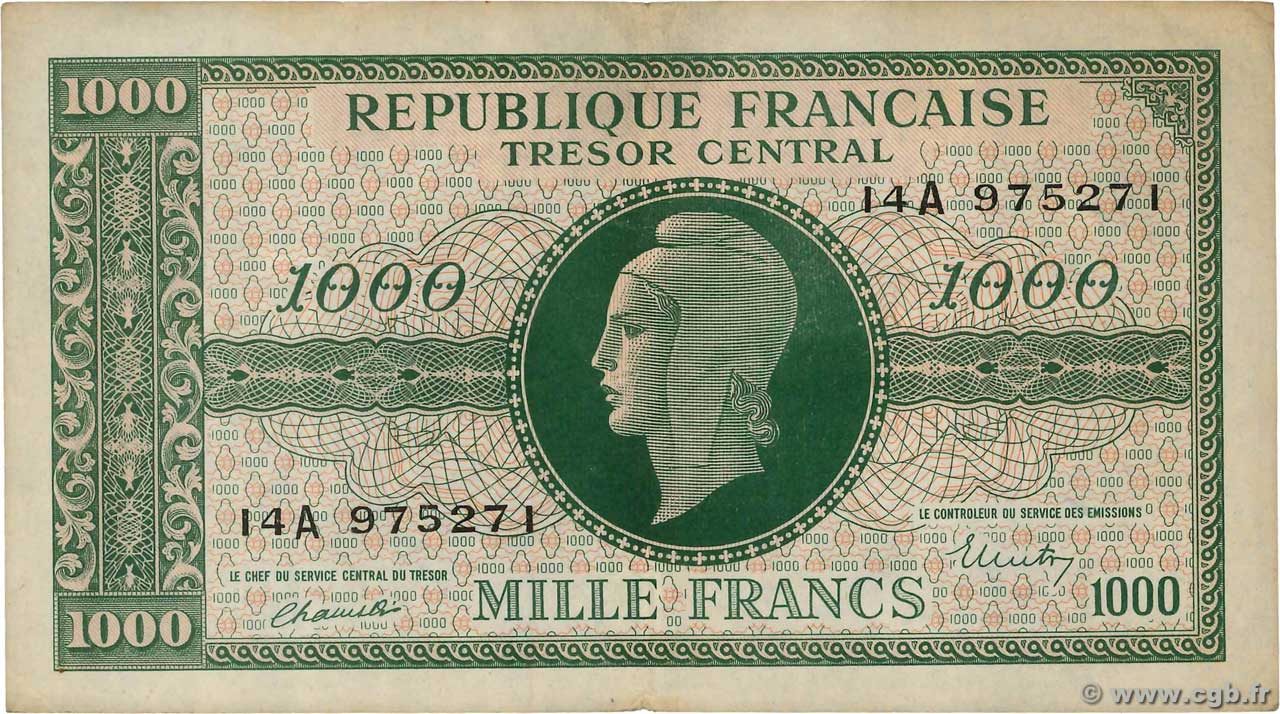 1000 Francs MARIANNE BANQUE D ANGLETERRE FRANCIA  1945 VF.12.01 MB