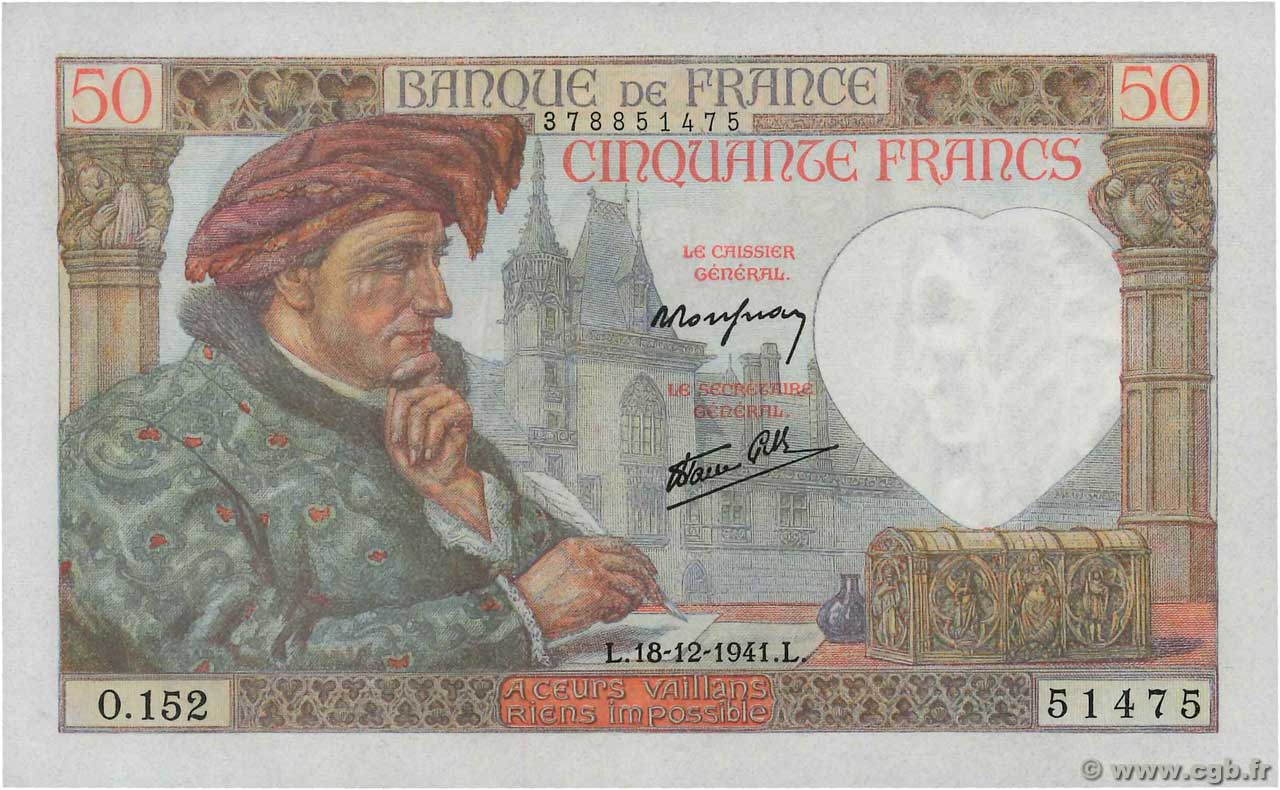 50 Francs JACQUES CŒUR FRANCIA  1941 F.19.17 q.FDC