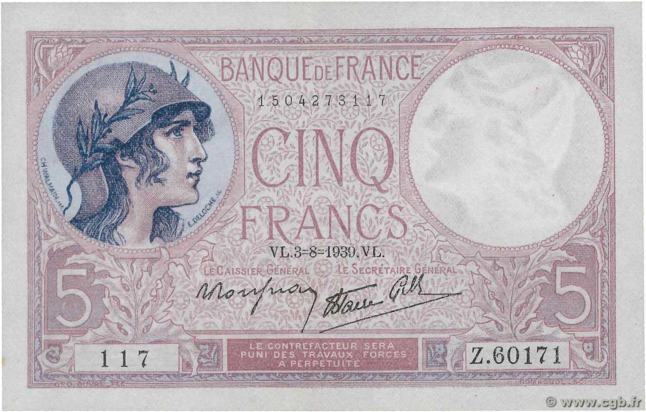 5 Francs FEMME CASQUÉE modifié FRANCE  1939 F.04.04 SPL