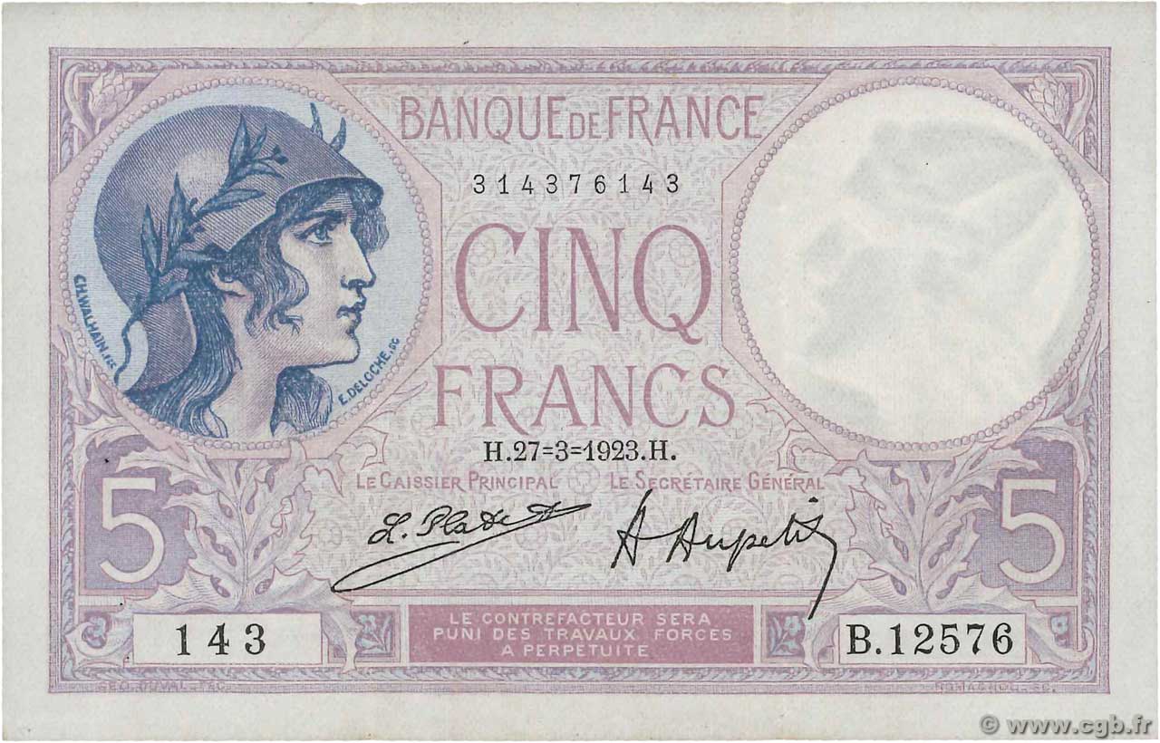 5 Francs FEMME CASQUÉE FRANCE  1923 F.03.07 TTB+