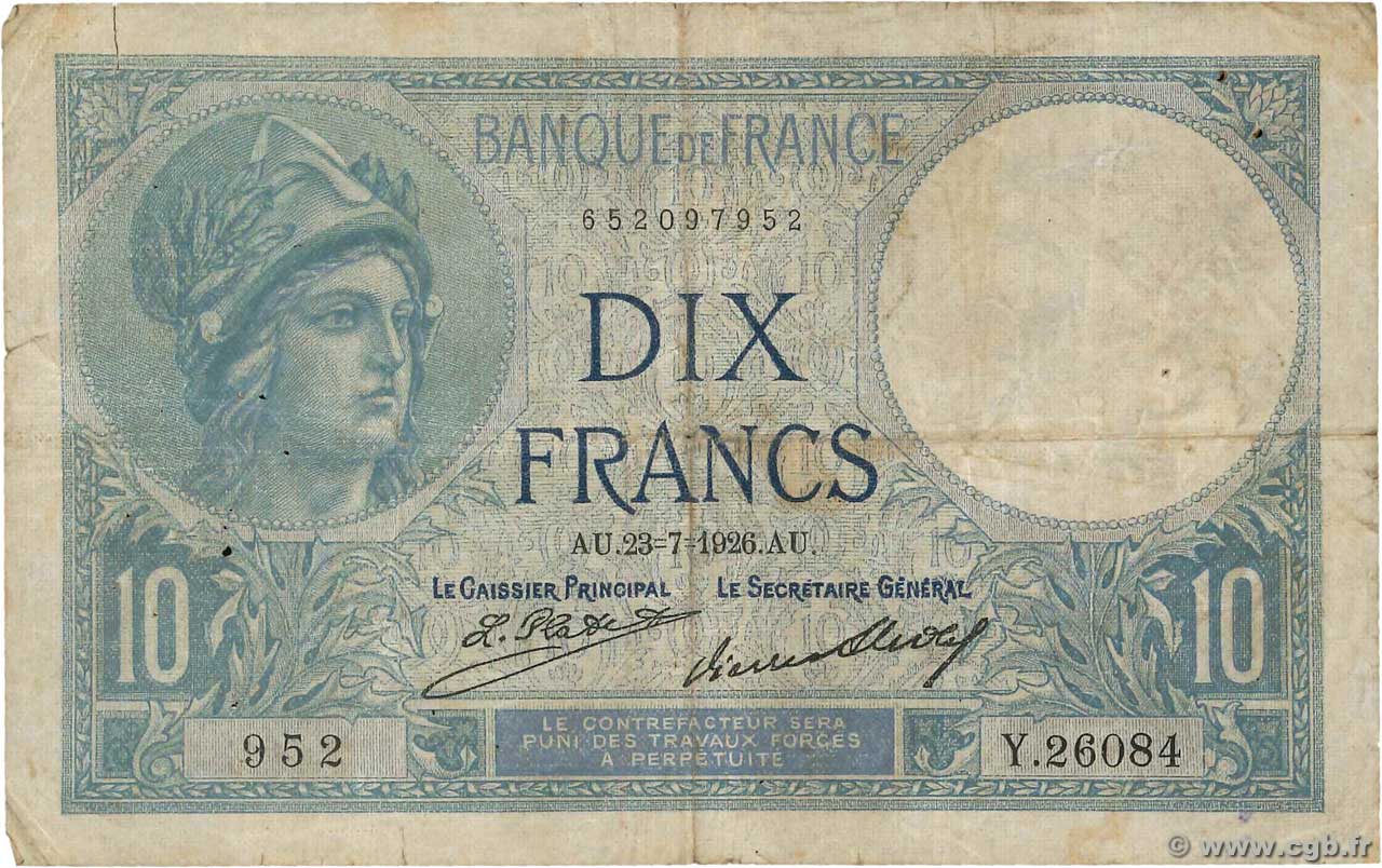 10 Francs MINERVE FRANCE  1926 F.06.11 B+