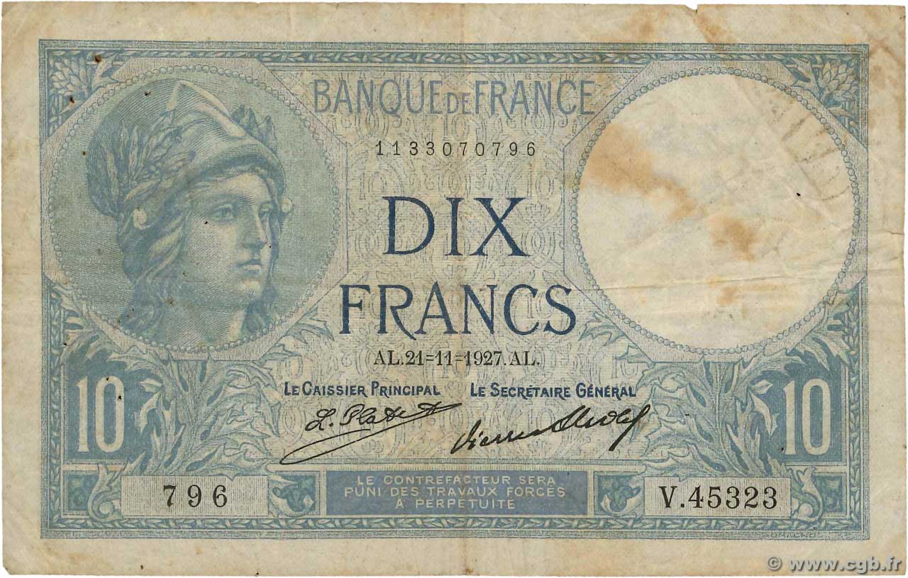 10 Francs MINERVE FRANCE  1927 F.06.12 F-