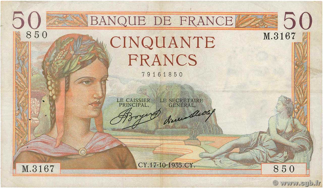 50 Francs CÉRÈS FRANCE  1935 F.17.18 pr.TTB