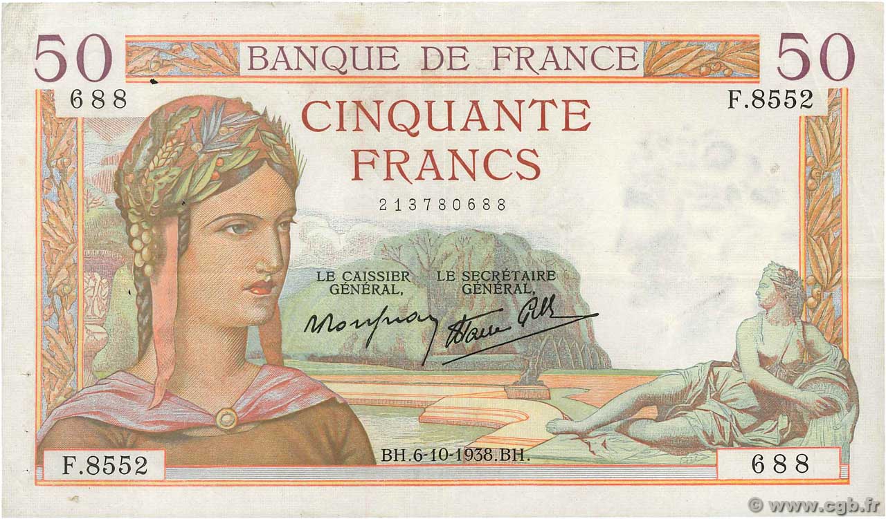 50 Francs CÉRÈS modifié FRANCE  1938 F.18.15 TTB