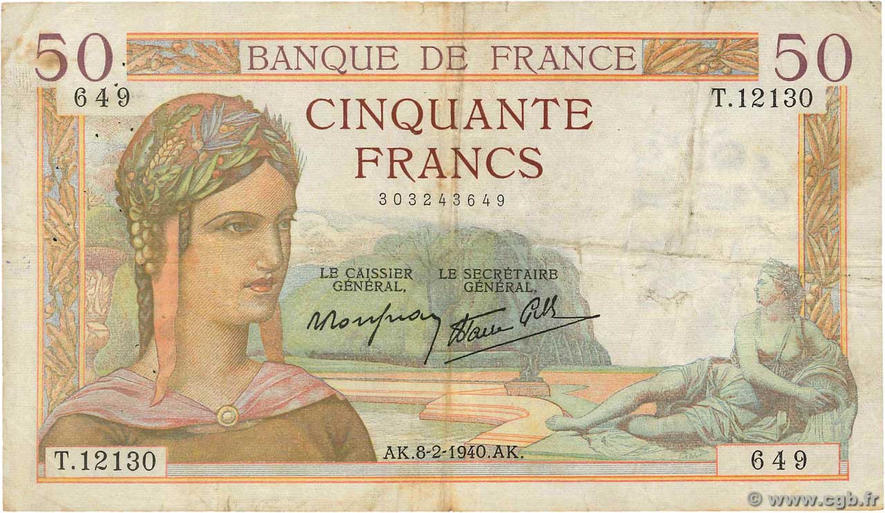50 Francs CÉRÈS modifié FRANKREICH  1940 F.18.38 S