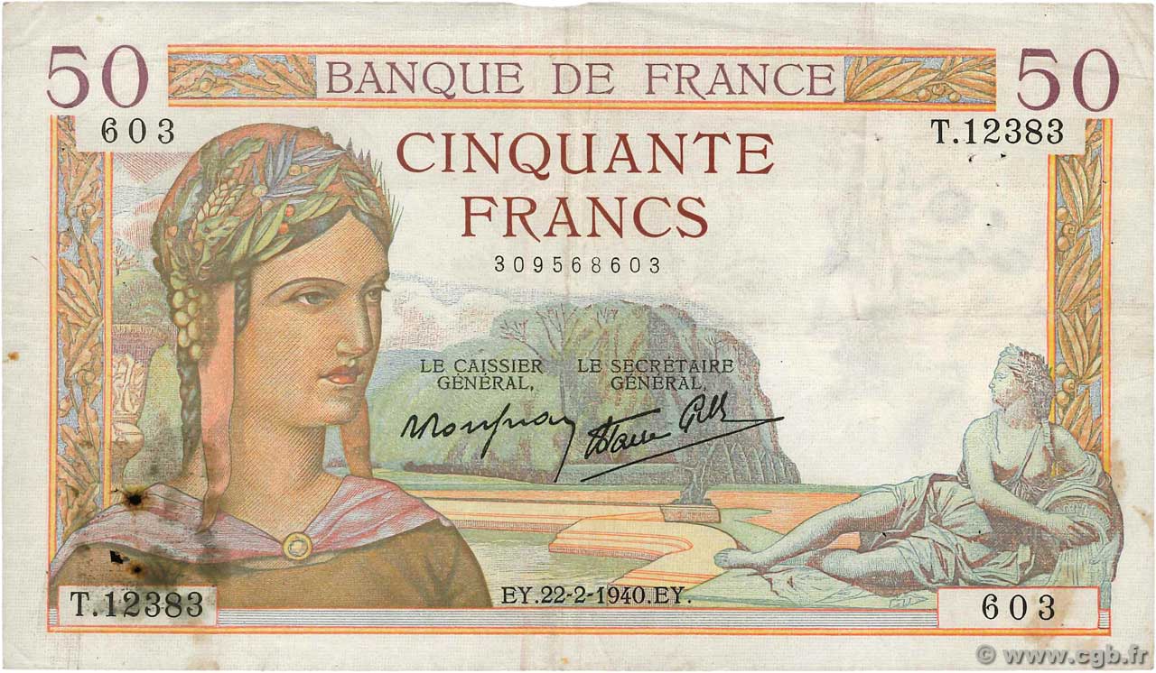 50 Francs CÉRÈS modifié FRANCE  1940 F.18.39 F+