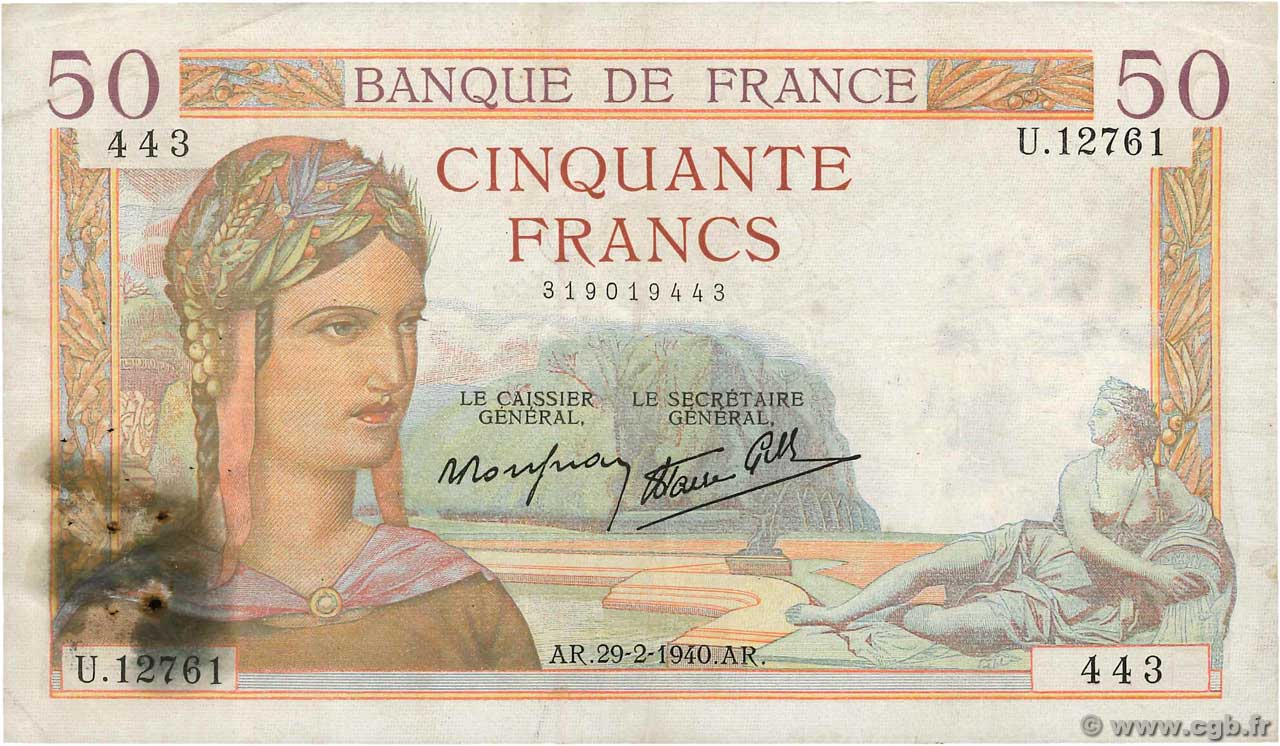 50 Francs CÉRÈS modifié FRANCE  1940 F.18.40 TB+