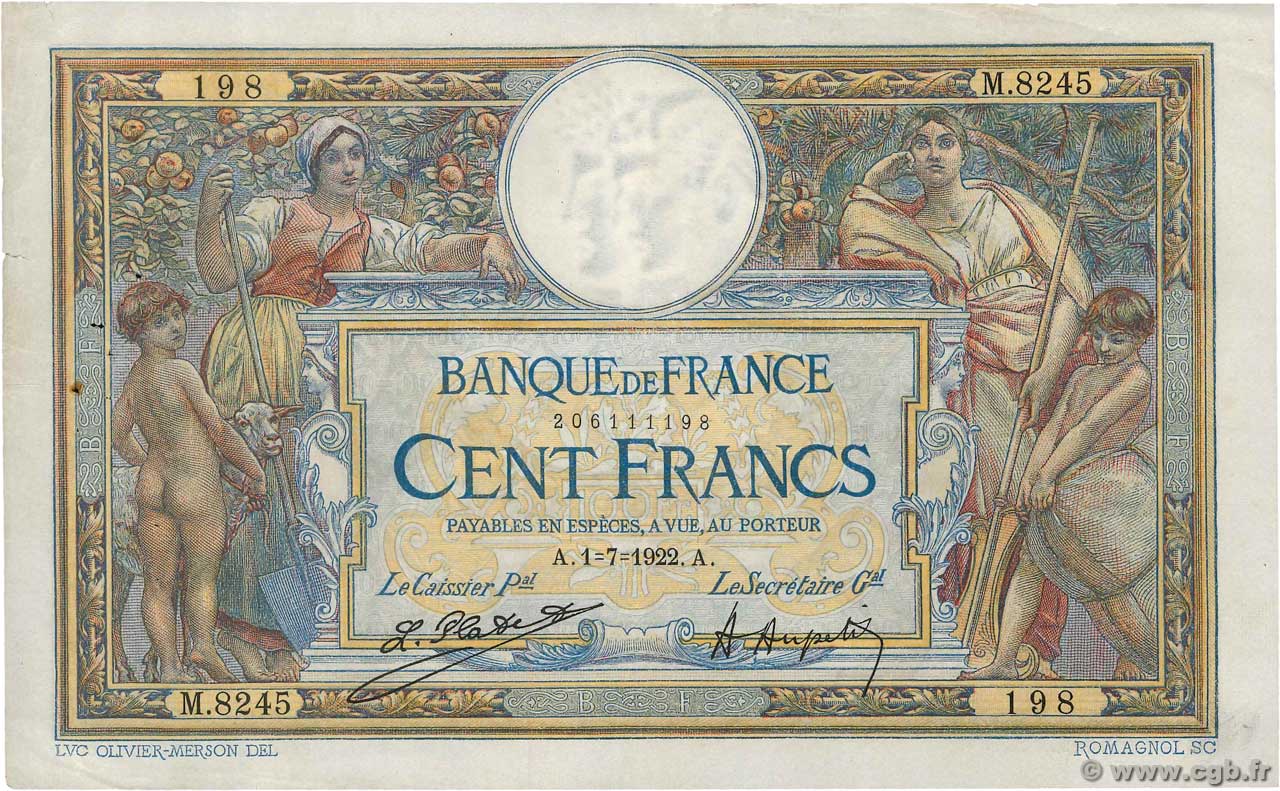 100 Francs LUC OLIVIER MERSON sans LOM FRANCE  1922 F.23.15 pr.TTB