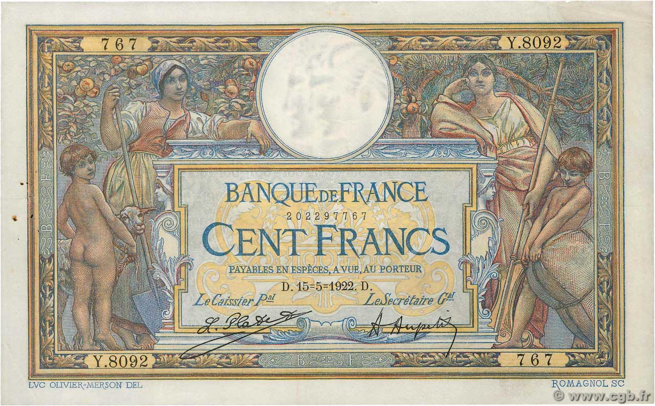 100 Francs LUC OLIVIER MERSON sans LOM FRANCE  1922 F.23.15 VF+