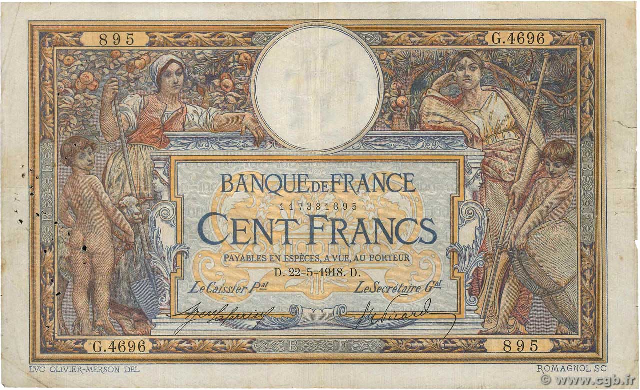 100 Francs LUC OLIVIER MERSON sans LOM FRANCIA  1918 F.23.10 BC
