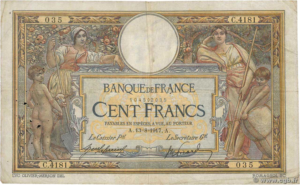 100 Francs LUC OLIVIER MERSON sans LOM FRANCIA  1917 F.23.09a MB