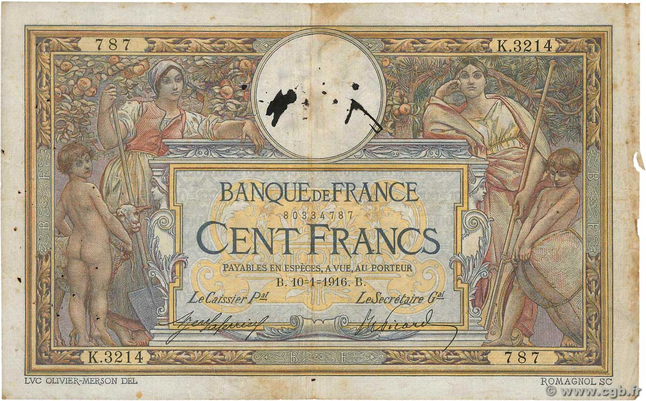 100 Francs LUC OLIVIER MERSON sans LOM FRANCIA  1916 F.23.08 q.MB