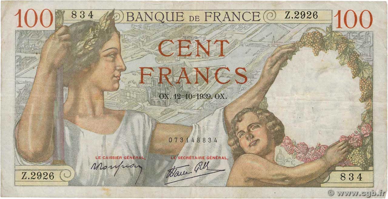 100 Francs SULLY FRANKREICH  1939 F.26.09 S